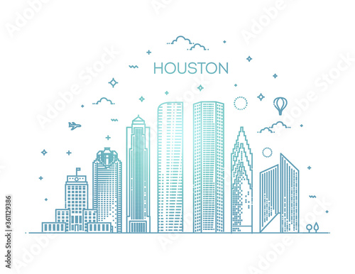 Houston city skyline, vector illustration in linear style. Texas, United States