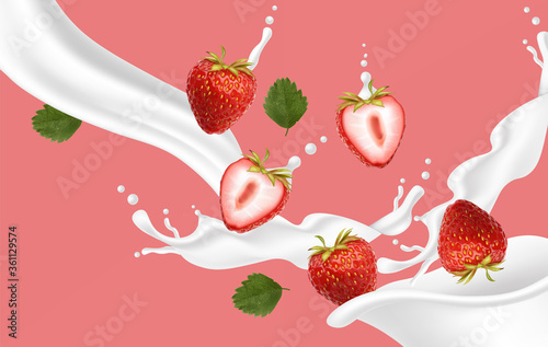 Realistic strawberry with splash milk, strawberry yogurt, summer fruit, delicious isolated fruit, summer dessert, vector illustration