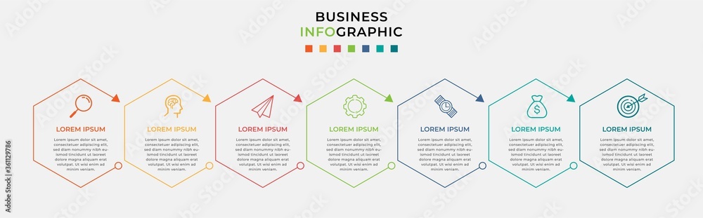 Business Infographic design template Vector with icons and 7 seven options or steps. Can be used for process diagram, presentations, workflow layout, banner, flow chart, info graph Business Infographic design template Vector with icons and 7 seven options or steps. Can be used for process diagram, presentations, workflow layout, banner, flow chart, info graph