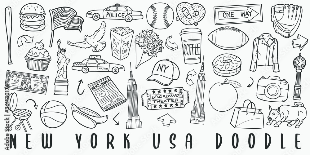 New York City Doodle Line Art Illustration. Hand Drawn Vector Clip Art. Banner Set Logos.