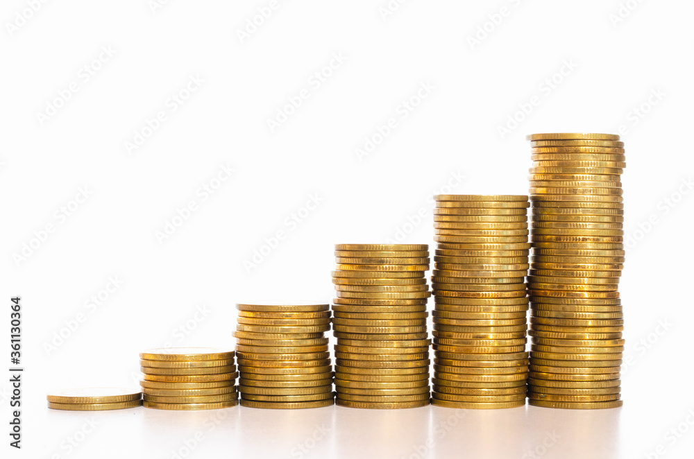 golden coins stack growth with white background. money saving. business investment successful growing and financial and banking concept. golden coins stack growth with white background. money saving. business investment successful growing and financial and banking concept.