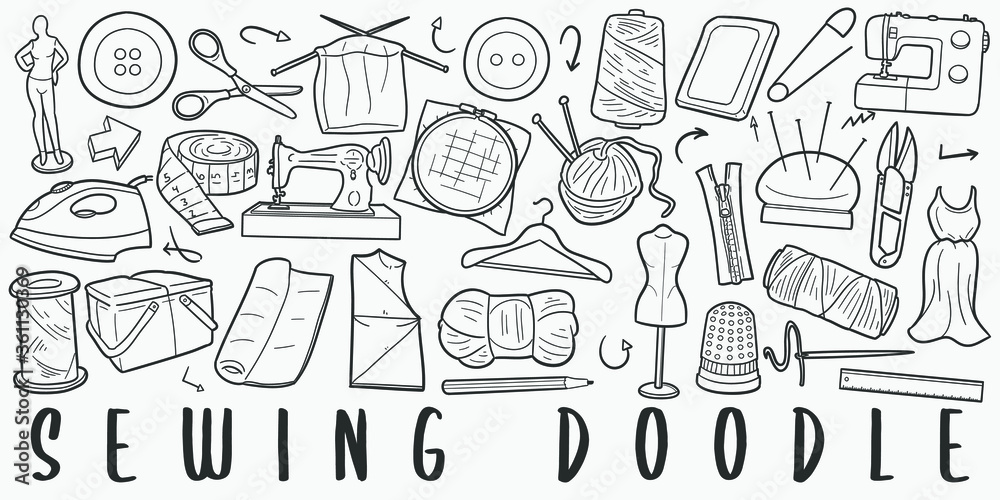 Sewing and Embroidery Doodle Line Art Illustration. Hand Drawn Vector Clip Art. Banner Set Logos.