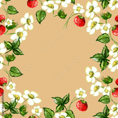 Pattern with the image of blooming strawberries. Design for web or textile.