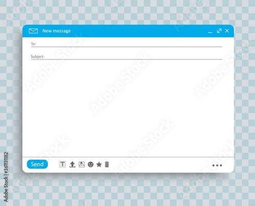 Email window interface template. Mail message interface blank website panel screen with send form. Vector