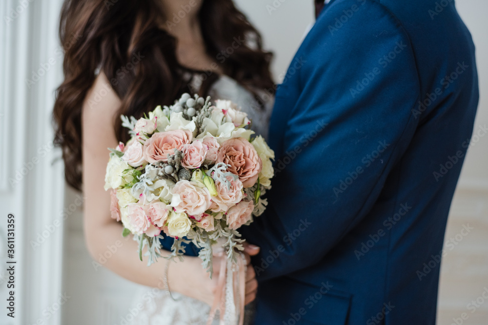bride and groom, bridal bouquet of pink roses, wedding day bride and groom, bridal bouquet of pink roses, wedding day