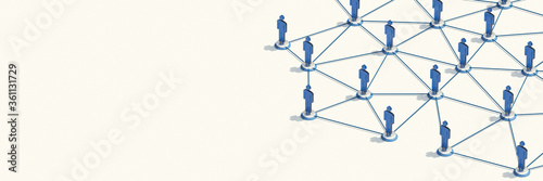 3d Render illustration of teamwork network and community concept, blue color, people connected on white background with copy space