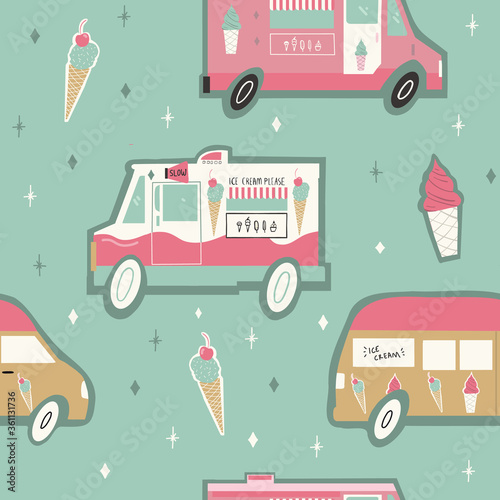Seamless repeat vector Pink and Green Gold Ice Cream Truck and ice cream cones pattern