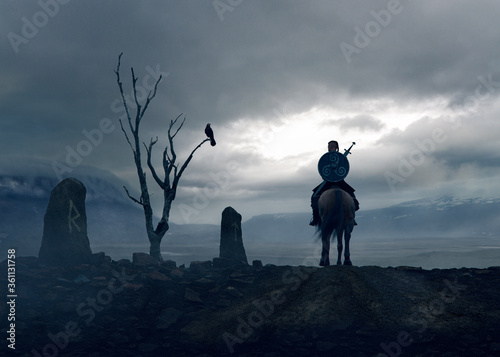 Schilderij op canvas Viking knight following the Odin path signed by stones runes and a dead tree wit