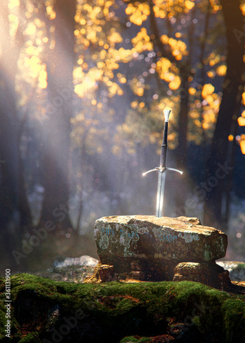 Excalibur Sword in the stone lightened by the sunray in the forest on mossy rocks - concept art - 3D rendering photo