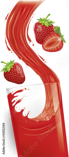 pouring a glass of strawberry juice creating splash, fresh strawberry fruit