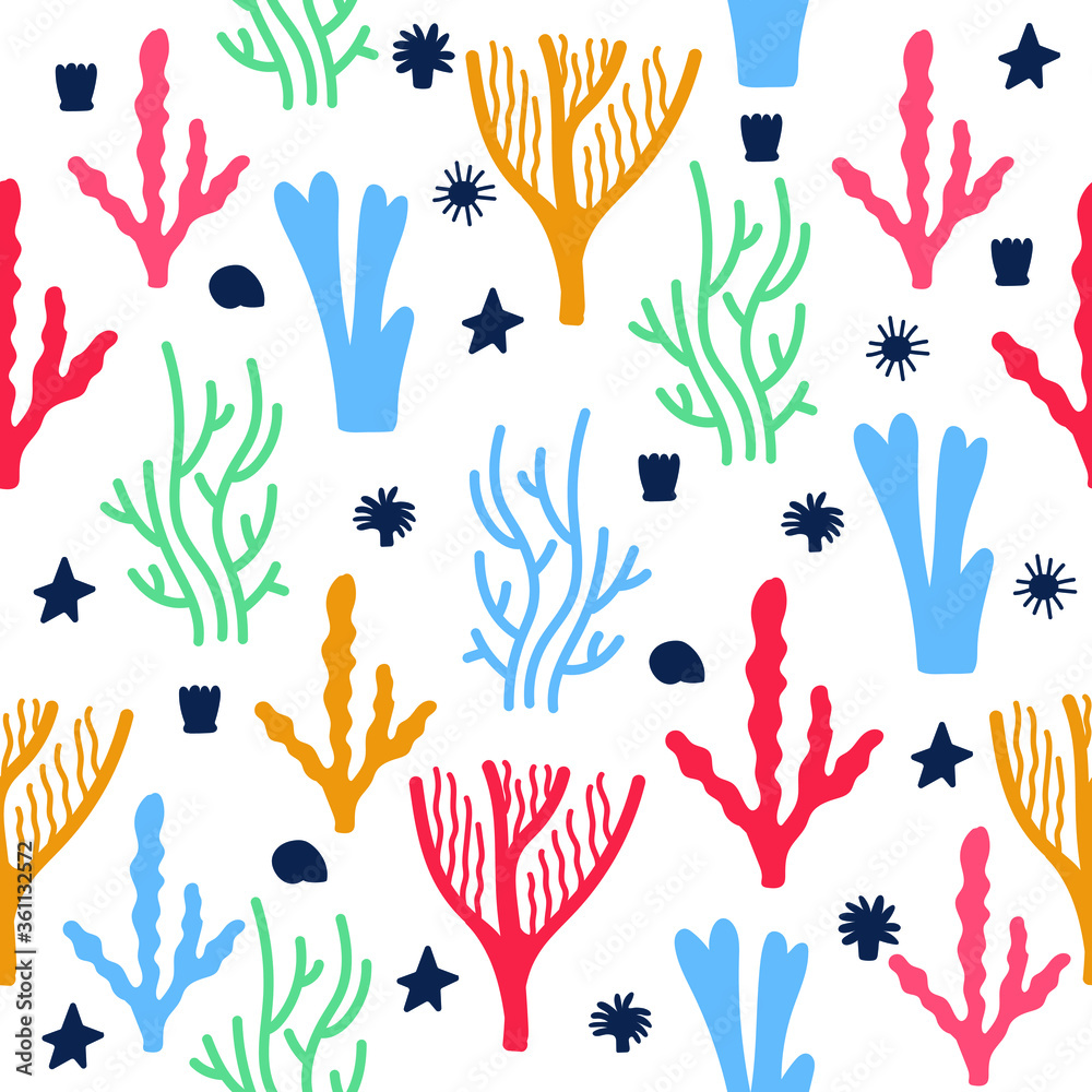 Fototapeta premium Vector pattern sea corals and different seaweed . Cute and bright illustration. Sea and ocean illustration isolated on white background .Perfect for summer greeting cards.