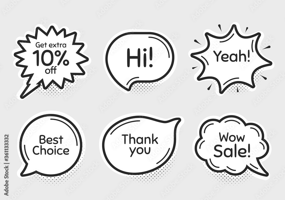Comic chat bubbles. Wow sale, 10% discount and best choice. Thank you, hi and yeah phrases. Sale shopping text. Chat messages with phrases. Drawing texting thought speech bubbles. Vector Comic chat bubbles. Wow sale, 10% discount and best choice. Thank you, hi and yeah phrases. Sale shopping text. Chat messages with phrases. Drawing texting thought speech bubbles. Vector