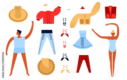 Cute ballet girl and boy ballet Paper Doll with Set of Clothes and Shoes. Beautiful girl and boy with set of clothes. Paper dolls for dress up game. Isolated vector illustration