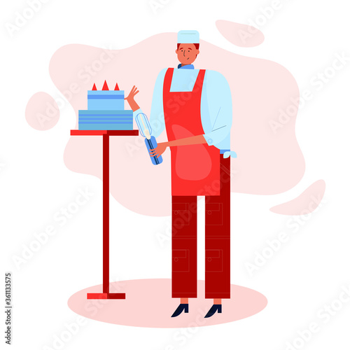 Confectioner Character in Chief Uniform and Toque Decorate Huge Festive Cake Use Professional Instrument, Pie . Cartoon Vector Illustration man confectioner or baker in apron holding tray with cake