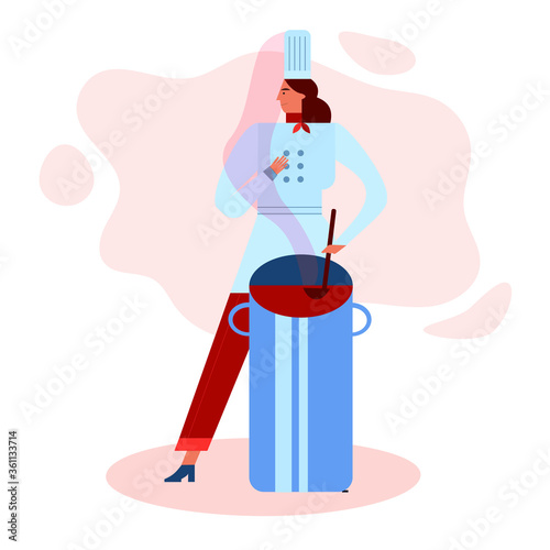 Woman chef at kitchen vector illustration. Cook wearing cook-hat, uniform and soup flat style design. Tasty food and cooking classes concept. Housewife girl cooking food. Eps10 vector illustration.