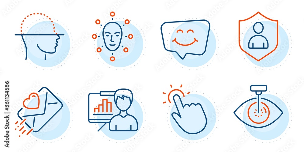 Face biometrics, Eye laser and Love letter signs. Presentation board, Security and Touchpoint line icons set. Smile chat, Face scanning symbols. Growth chart, Private protection. People set. Vector Face biometrics, Eye laser and Love letter signs. Presentation board, Security and Touchpoint line icons set. Smile chat, Face scanning symbols. Growth chart, Private protection. People set. Vector