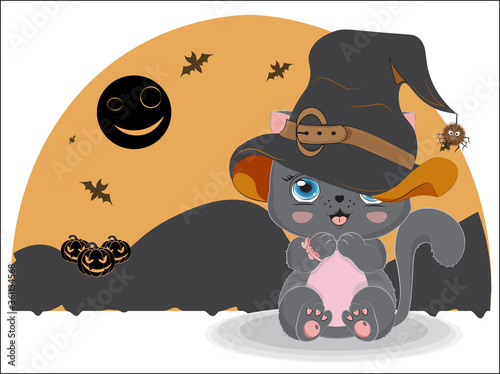 black Halloween cat girl in witch hat and pumpkin
