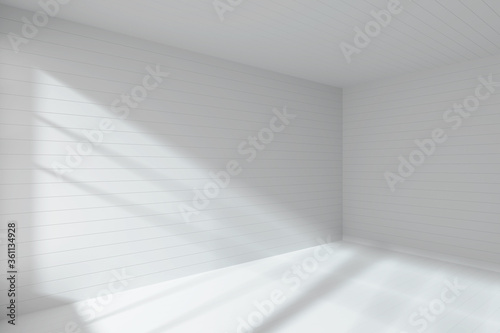 Empty white room corner made with flat horizontal white planks