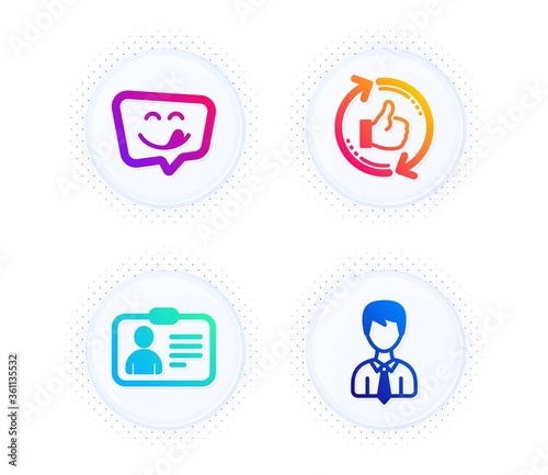 Yummy smile, Refresh like and Id card icons simple set. Button with halftone dots. Businessman sign. Emoticon, Thumbs up counter, Human document. User data. People set. Vector