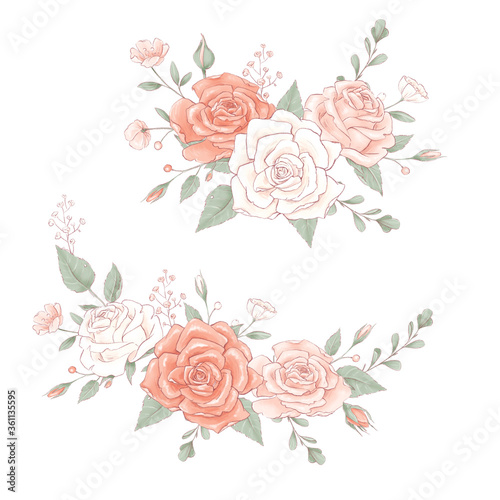 Bouquet a wreath of delicate roses. Hand drawing