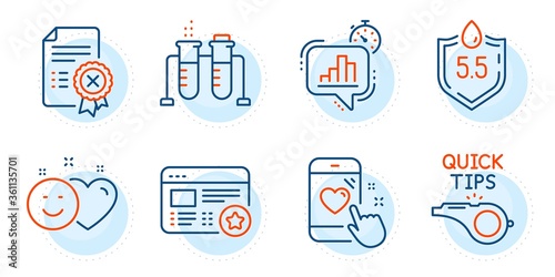 Statistics timer, Favorite and Chemistry beaker signs. Smile, Reject certificate and Heart rating line icons set. Tutorials, Ph neutral symbols. Social media like, Decline file. Vector