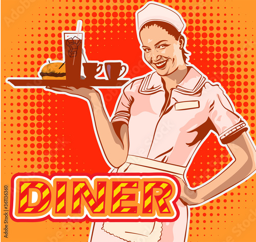 Waitress with plate. Diner waitress. Vector image