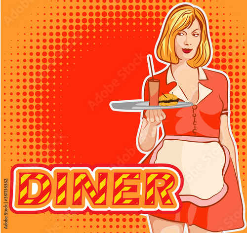 Waitress with plate. Diner waitress. Vector image