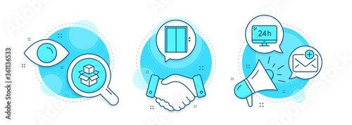 24h service, Packing boxes and New mail line icons set. Handshake deal, research and promotion complex icons. Lift sign. Call support, Delivery package, Add e-mail. Elevator. Technology set. Vector