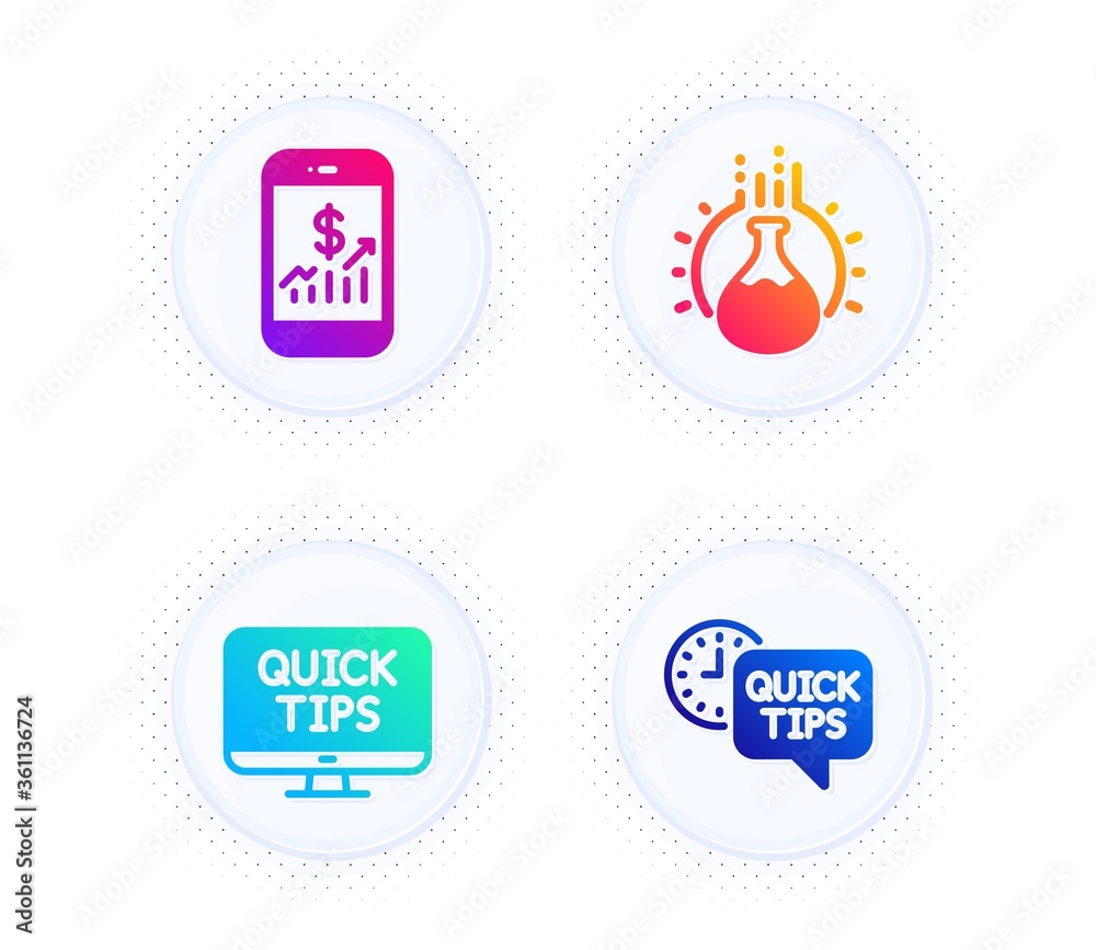 Chemistry experiment, Mobile finance and Web tutorials icons simple set. Button with halftone dots. Quick tips sign. Laboratory flask, Phone accounting, Quick tips. Helpful tricks. Vector