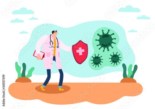 A masked doctor with gloves is talking to a sick patient.Vector illustration concept, people fight with virus. Can use for landing page, template, banner, flyer, poster. Coronavirus COVID-19 .