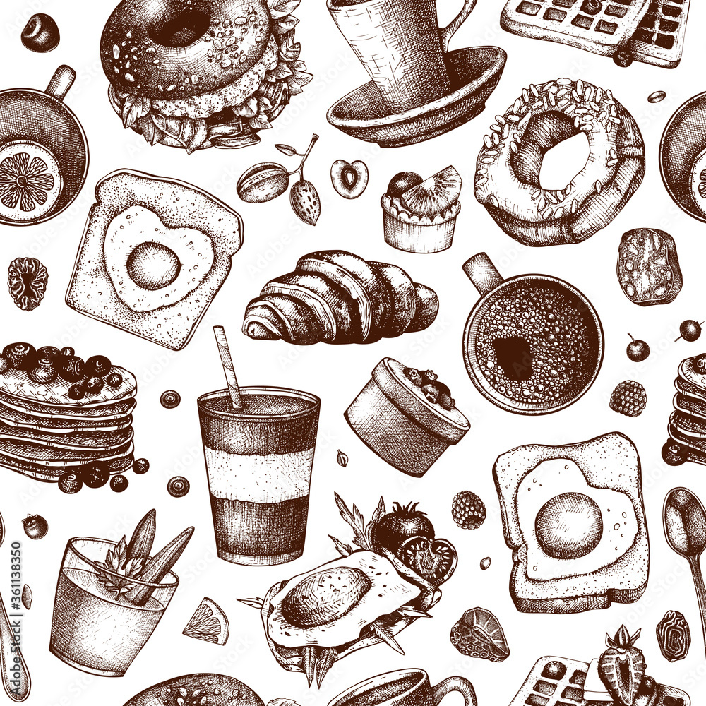Breakfast dishes vector background. Morning food illustrations. Breakfast and brunches menu design. Vintage hand-drawn food and drinks a seamless pattern. Breakfast dishes vector background. Morning food illustrations. Breakfast and brunches menu design. Vintage hand-drawn food and drinks a seamless pattern.