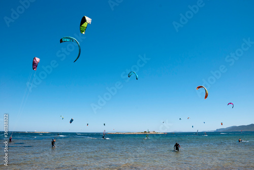 Athens, Greece, July 2020: Windsurfing and Kite Surfing on a very sunny day 