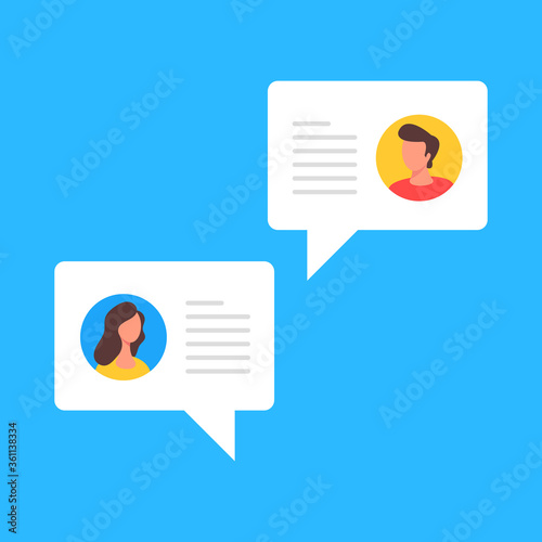 Chat. Two speech bubbles with user account images and text. Modern flat design. Vector illustration