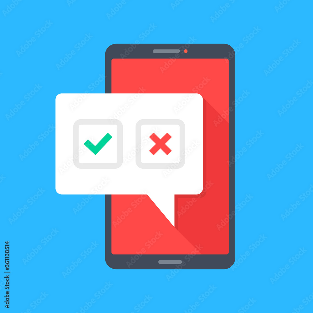 Smartphone with check mark and cross mark. Survey, choice, online test, yes and no, voting concepts. Mobile phone with checkmark and x mark. Modern flat design. Vector illustration Smartphone with check mark and cross mark. Survey, choice, online test, yes and no, voting concepts. Mobile phone with checkmark and x mark. Modern flat design. Vector illustration