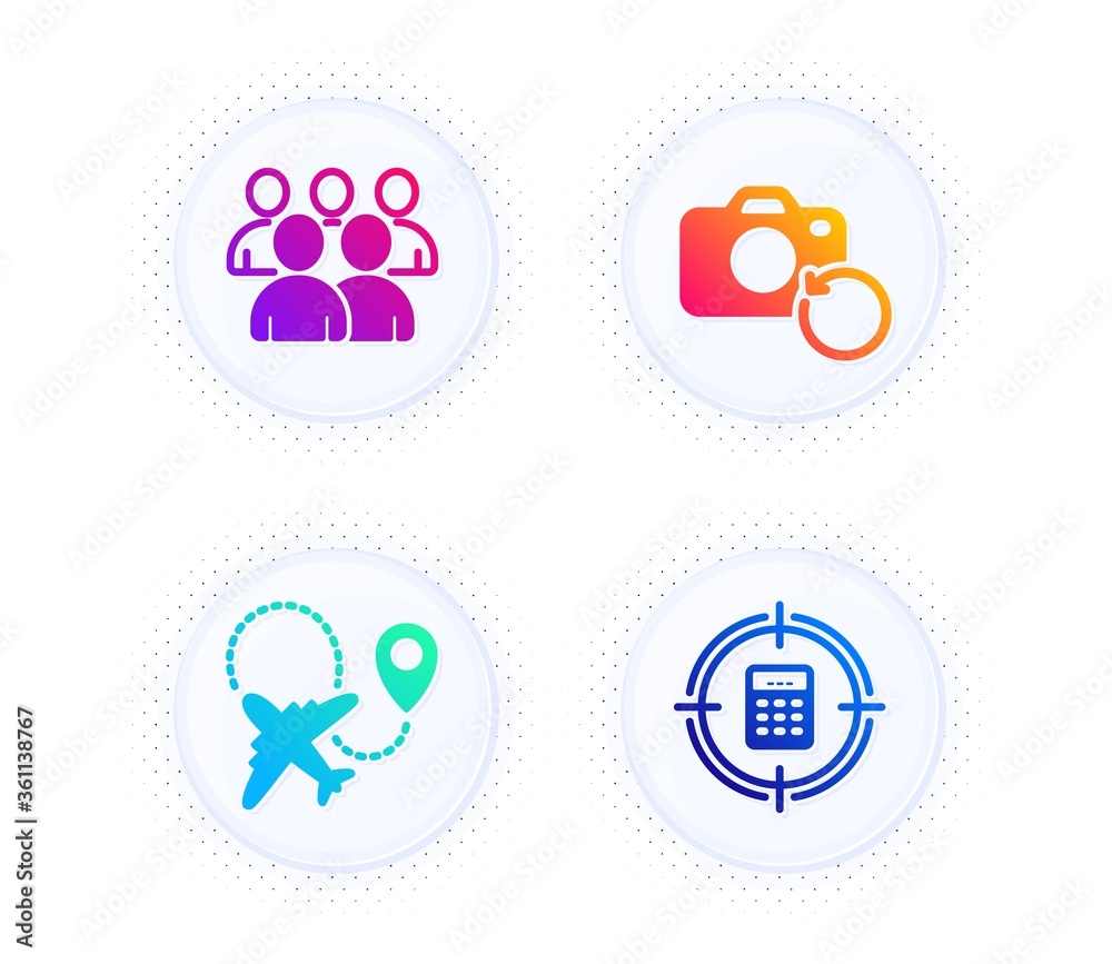 Group, Airplane and Recovery photo icons simple set. Button with halftone dots. Calculator target sign. Developers, Plane, Backup data. Audit. Business set. Gradient flat group icon. Vector