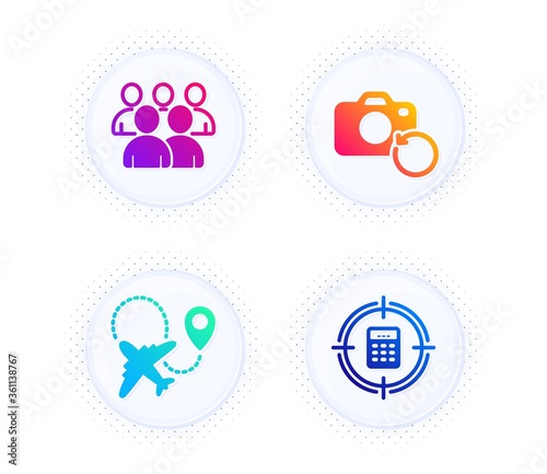 Group, Airplane and Recovery photo icons simple set. Button with halftone dots. Calculator target sign. Developers, Plane, Backup data. Audit. Business set. Gradient flat group icon. Vector
