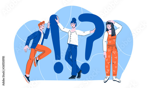 Frequently asked questions FAQ concept illustration of young people near exclamation and question mark symbol. Answer and solution, provision of information to customers. Cartoon vector illustration. 