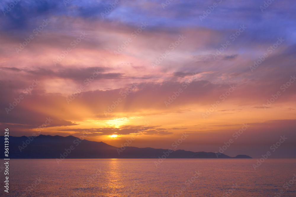 Sea sunset with dramatic sky seascape. Crete island, Greece