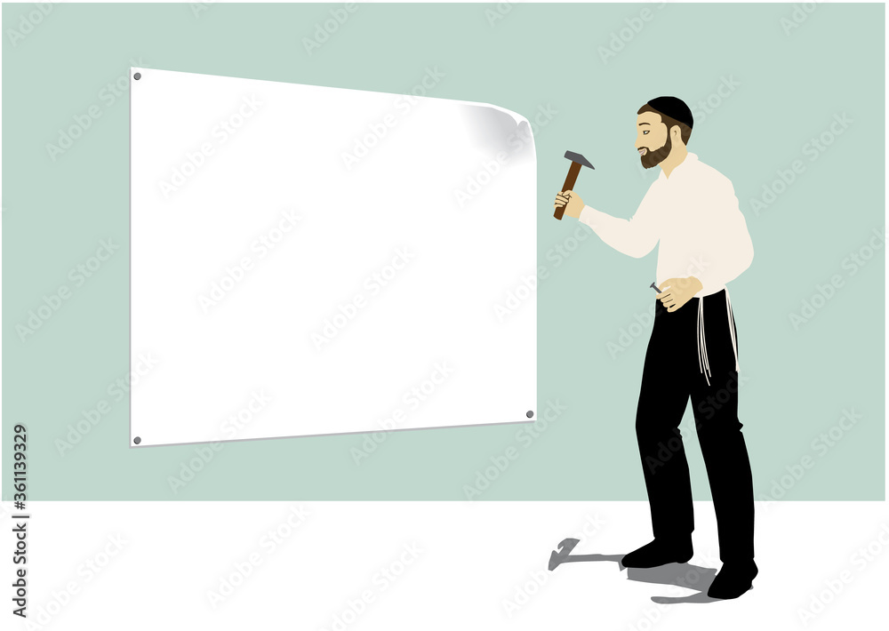 In the painting: a religious ultra-Orthodox Jewish man, a Hasid. A sign hangs. He holds a hammer and a screw. Wearing a white shirt, and black pants. Light blue background. In the painting: a religious ultra-Orthodox Jewish man, a Hasid. A sign hangs. He holds a hammer and a screw. Wearing a white shirt, and black pants. Light blue background.