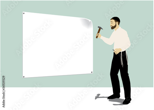 In the painting: a religious ultra-Orthodox Jewish man, a Hasid. A sign hangs. He holds a hammer and a screw. Wearing a white shirt, and black pants. Light blue background.