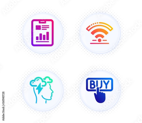 Mindfulness stress, Report document and Wifi icons simple set. Button with halftone dots. Buying sign. Cloud storm, Page with charts, Wireless internet. E-commerce shopping. Technology set. Vector