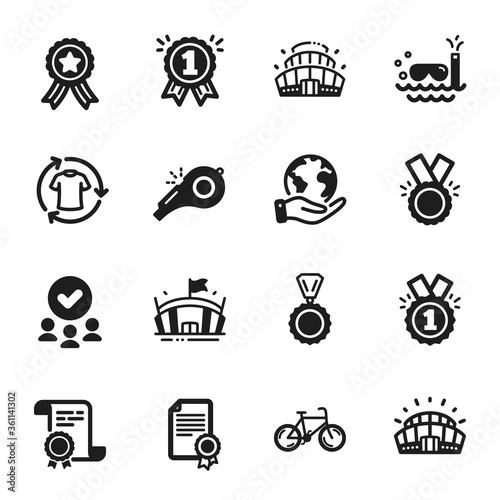 Set of Sports icons, such as Approved, Arena. Certificate, approved group, save planet. Whistle, Sports stadium, Arena stadium. Honor, Bicycle, Reward. Certificate, Scuba diving, Medal. Vector