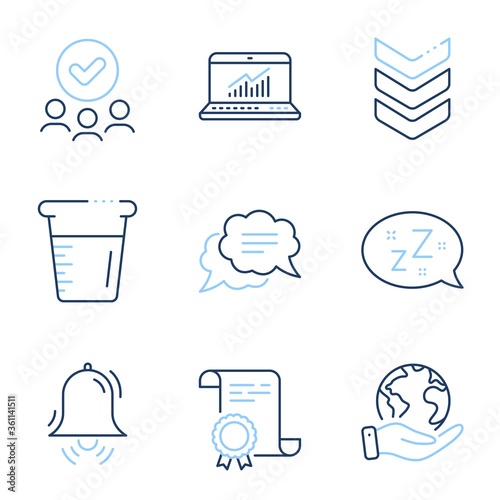 Text message, Cooking beaker and Online statistics line icons set. Diploma certificate, save planet, group of people. Sleep, Clock bell and Shoulder strap signs. Vector