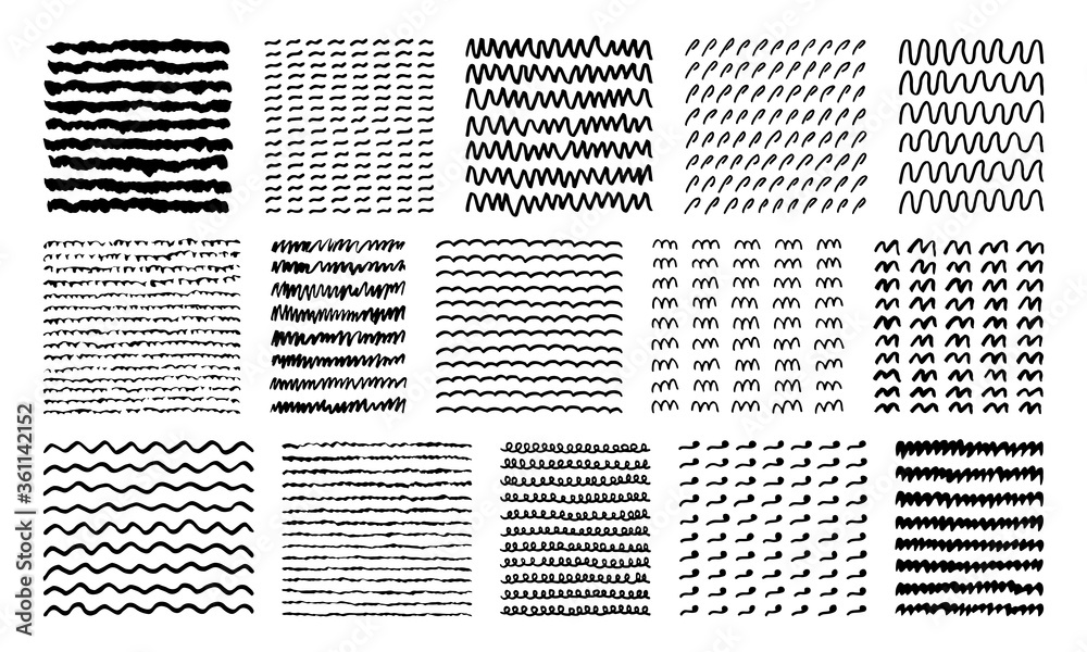 A large set of simple black and white hand-drawn patterns. Waves, dashes, lines, curlicues. Simple elements for design and decoration. - obrazy, fototapety, plakaty 