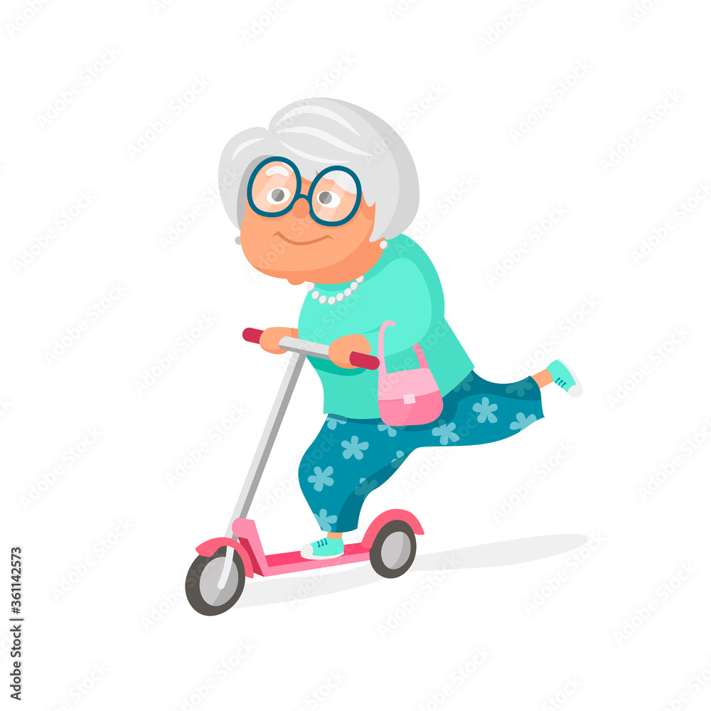 Modern old lady in glasses and a handbag rides a kick scooter. Cute cartoon illustration isolated on white background.