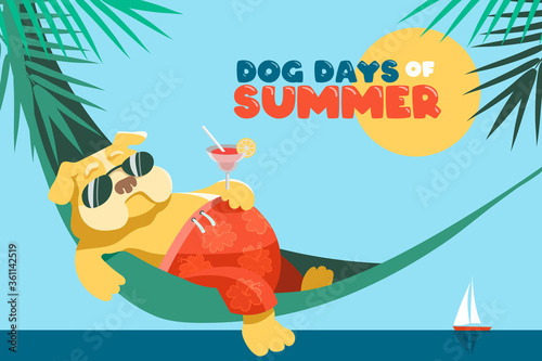Dog days of summer. A cute fat English bulldog lies in a hammock with a glass of margarita. Sea and palm trees. Vector illustration or greeting card in cartoon style. photo