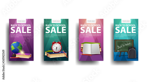 Back to school sale, large collection vertical discount banners for your business with a globe, blackboard, backpack, books and alarm clock