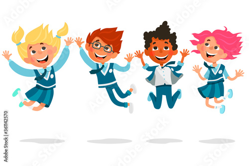 Back to school. Happy students in school uniforms are jumping. Cartoon vector illustration isolated on white background.