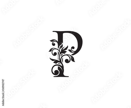 Vintage Letter P Logo. Classic P Letter Design Vector with Black Color and Floral Hand Drawn.