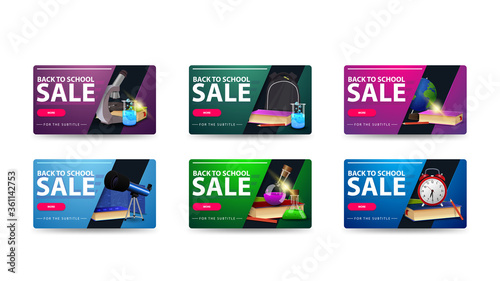 Back to school sale, large collection colorful discount banners for your business with rounded corners, buttons, globe, backpack, books, alarm clock, chemical flasks, microscope and telescope.